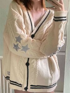 Kvinnors tröjor Deeptown Y2K Vintage Swift Sticked Cardigan Women Autumn Tay Star Embroidery Sweater Preppy Overdimensionerad långärmad topp Streetwear 231208