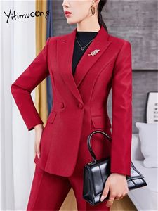 Calças femininas de duas peças Yitimuceng Office Ladies Suit Coreano Moda Sólida Slim Formal Blazer Alta Cintura Casual Ternos Set 231208