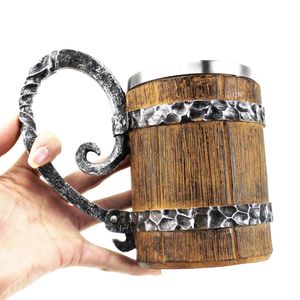 Vattenflaskor hartshartar Imitation Barrel Rostfritt stål Mugg Viking Style Fårhorn Trä Beer Stein Tankard Mugs As Dirthday Gift 580ml 231208