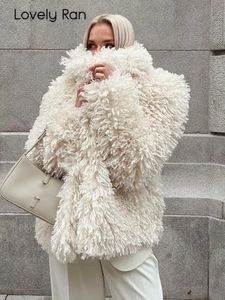 Women's Down Parkas Fashion Faux Fur Coat Woman Elegant Turndown Collar Long Sleeve Short Coats Winter Solid Loose Luxury Warm Office Lady Jacket 231208