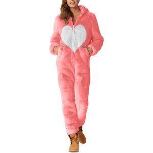 Kvinnors spårdräkter S5XL Coral Fleece Warm Womens Onepiece Pyjamas Ladies Heart Printed Loose Hooded Jumpsuit Sleepwear Female Winter Homewear 231208