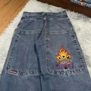 Kadın Kot Jnco Harajuku Y2K Erkek ve Kadınlar Düz Geniş Bacaklı Kot Alev Büyük Cep Baskı Yıkanmış Sokak Retro Kot Pantolon Çift 231208