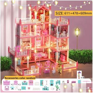 Doll House Accessories Doll House Accessories Houses 3D Assembled Diy Miniatures Dollhouse Villa Princess Castle With Led Light Girl B Dhdsi