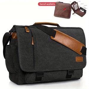 Aktentaschen Crazy Horse Leder Herren Umhängetasche Aktentasche Canvas Spritzwassergeschützt Arbeitskleidung Messenger Bag Computer Tote 231208