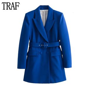 Womens Suits Blazers TRAF Blue Long Blazer Women Double Breasted Jacket Women Shoulder Pads Office Blazers for Women Long Sleeve Blazer Woman 231208