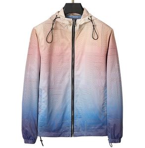 F2330 utomhusdesignerjacka män långärmad lyxig huva med zip upp gradient ränder jackor vindbrytare mens päls