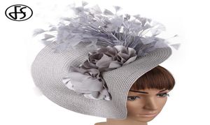 FS imitacja słoma wielki derby fascynatorowy kapelusz na ślub kobiety białe kwiaty opaska na głowę Fancy Feather Race Hair Accessorie 24402955