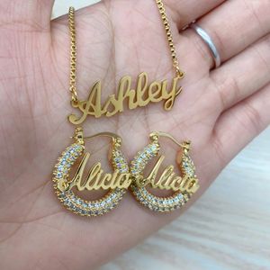 Hoop Huggie Name Earrings Custom Necklace Bling Personalized Names Nameplate Jewelry Set For Women Gift 231208