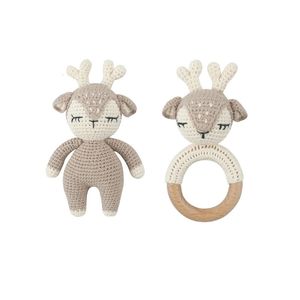 Tänder leksaker 2st trä rattle baby teether leksak virkning hjort dollar hand grepp tandring ringar handbell spjälsäng tänder leksak spädbarn sooter leksak 231208