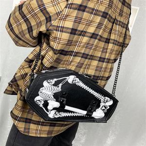 Abendtaschen Modes schwarzes PU -Leder -Umhängetasche mit Schädel Sargschatulle geformtes Kupplungskettengurt Gothic Purse für Frauen Handb227b