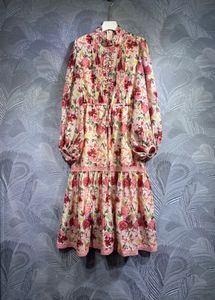 2024 Spring Floral Print Panelled Dress Pink Long Sleeve Stand Collar Knee-Length Casual Dresses T3N241208
