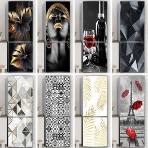 Adesivos de Parede Preto Ouro Geladeira Porta Adesivo Autoadesivo À Prova D 'Água 3D Papel De Parede Frigorífico Porta Envoltório Mural Capa Home Room Kitchen Decor 231208