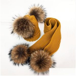 Beanies New Childrens Double Hair Ball Woolen Hat Scarf Set Men And Women Thickened Raccoon Fur Knitted Ear Cap Drop Delivery Sports O Dhamd