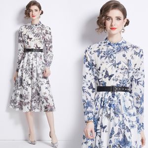 Butterfly Graphic Print Midi Shirts Dress Long Sleeve Woman Designer Mock Neck High Waist Formal Party Loose Big Swing Dresses 2023 Spring Fall Slim Vacation Frocks