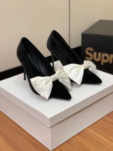 Luxury designer womens pointed black dress shoes cute bow velvet real leather sole 9.5cm high heels 42 large single shoes