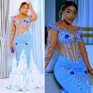 Shine Feather Promdress Mermaid Light Blue Luxurious Evening Prom Dress Long Sleeves Lace Pärled Birthday Party Gowns Second Reception Gown for Black Women St617