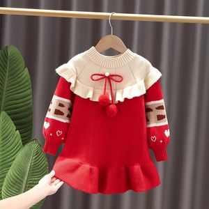 Girls Dresses Autumn Winter Christmas Kid Girl Knitted Dress Red Year Toddler Plush Bow Print Pleated Hem Baby 231208