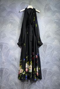 2024 Spring Floral Print Ribbon Tie Bow Dress Black Long Sleeve V-Neck Knee-Length Casual Dresses T3N241208