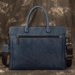 ブリーフケースLuuan Navy Blue Men Business Briefcase MALE REAL REATHER VINTAGE15 6インチラップトップハンドバッグカウショルダーバッグワークTOTE284W