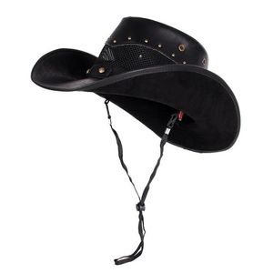 Berets 100% Leather Women Men Western Cowboy Hat Summer Mesh Breathable Sombrero Hombre Caps Dad Godfather Hats 2 Szie Plus SizeBe297D