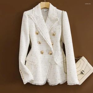 Ternos femininos tweed branco preto blazers para mulheres elegante chique escritório senhoras manga longa sólida jaqueta feminina vintage rebarbas casacos topos