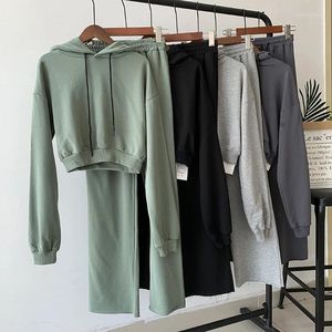 Calças femininas de duas peças cor sólida outono inverno mulheres conjunto de treino básico outfits moletom pulôver colheita top e corredores 2