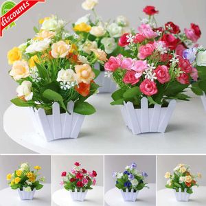 Upgrade Mini Artificial Flower Plants Bonsai Fake Flowers Potted Ornaments Home Dining Table Wedding Potted Decor Rose Fence Flower Set