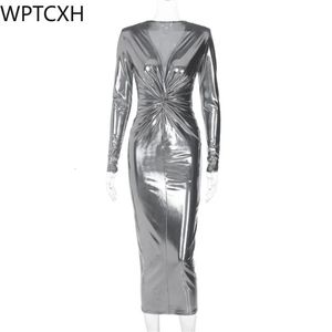 基本的なカジュアルドレス2024スプリング販売エレガントな長袖Vneck Ruched Midi Bodycon Vestidos Club Party美しい女性231208