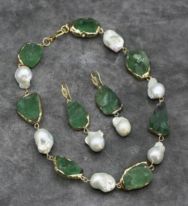 Natural Green Fluorite Rough Raw Real White Keshi Pearl Necklace Earrings Sets Handmade For Lady Gifts3510114