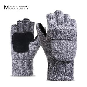 Beş parmak eldivenleri unisex artı kalın erkek parmaksız eldivenler erkekler yün kış sıcak maruz kalan parmak eldivenleri örülmüş sıcak flip yarım parmak eldiven 231208
