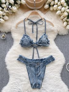 Bras Sets SINGREINY Beach Sensual Denim Women Halter Straps Camis Raw Edge Mini Briefs Underwear Fashion Lingerie Retro Erotic Suits 231208