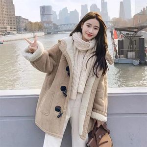 Women's Fur One Lamb Plush Coat Women Winter Thick Warm Hooded Outerwear Korean Loose College Wind Horn Button Cotton-padded Jacket