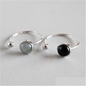 Подвески Новый простой стиль, круглые бусины из стерлингового серебра 925 пробы, черный агат, лунный камень, кольца открытого размера для женщин, эффектное регулируемое кольцо Drop Dhqzc