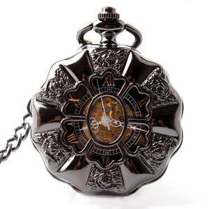 Relógios de bolso preto completo aço luminoso relógio de bolso mecânico steampunk vintage oco analógico esqueleto mão enrolamento relógio de bolso mecânico 231208