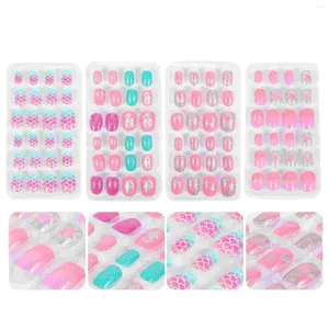 False Nails 4 Boxes/96pcs Cartoon Girls Fake Tip Stickers Applique Plastic Child DIY Manicure Supplies