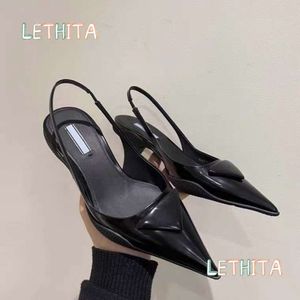 Designer Brand Pointed Sandals High Heels P Triangle Metal Toe Shallow 8cm White Black Real Leather Luxury Lady Wedding Shoes 35-40