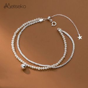Beaded Metiseko Mini Natural Freshwater Pearls Bracelet Double-Layer Pearls 925 Silver Chain Bracelet with Round Ball Shiny Fashion 231208