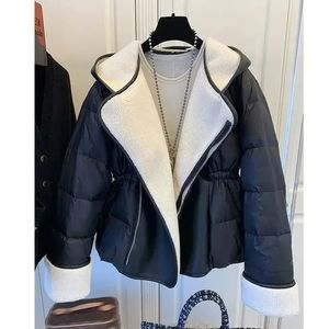 Korean Waistband Lamb Hair Spliced Leather Short Down Cotton Coats for Women New Women's Cotton Coat Fashion