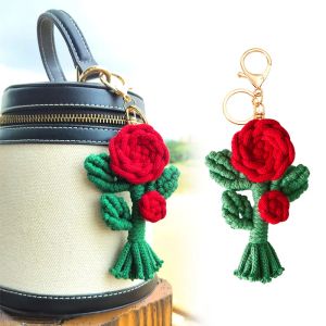 Retro Hand-woven Rose Pendant Keychains Women Elegant Braided Flowers Keyrings Ladies Handbags Charms Hanging Ornaments Gifts