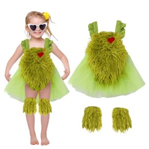 Costumi di Natale per bambini neonate amore cuore ricamo pizzo tulle bretella vestito Natale infantile mostro dai capelli verdi abiti cosplay Z5915