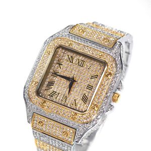 Hip Hop römische Skala Quarzuhr Mode voller Diamant quadratisches Zifferblatt Herrenuhr Mode Gold Uhren Schmuck198N