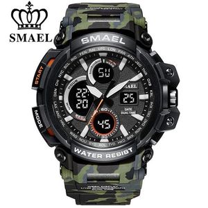 SMAEL Camouflage Military Watch Men Waterproof Dual Time Display Mens Sport Wristwatch Digital Analog Quartz Watches Male 1708 210201w