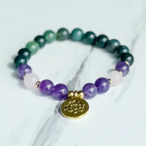 MG2029 Neues Design 8 mm Moosachat Amethyst Rosenquarz Armband Damen Lotus Charm Yoga Mala Handgelenk