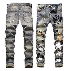 AMIRES DESIGNER JEANS TOPA KVALITET MÄNS JEANS JEANS LÄDER EMBRODERY SLAD SLIM FIT MÄN LITTA BEN JEANS PUNK STIL