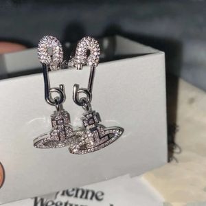 Designer Viviene Westwoods New Viviennewestwood Empress Dowager Saturn Full Diamond Pins Long Earrings for Women High Quality Planet Paper Clips Earrings Matchin