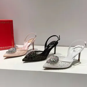 2024 Новые сандалии Rene Caovilla, женские туфли на высоком каблуке 7,5 см, украшенные кристаллами, дизайнерские повседневные босоножки с пряжкой, остроконечная сетка, свадебные туфли, женские туфли-лодочки с мешком для пыли
