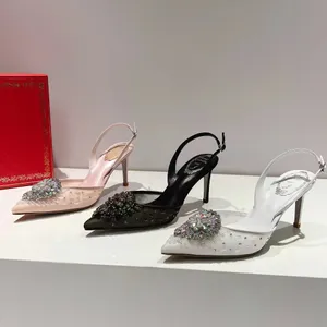 2024 Nowe sandały Rene Caovilla Kobiety 7,5 cm Wysokie obcasy Crystal Dekoracja Dekoracja Dekoracja Dekoracja Casual Slingbacks Kluczowe buty ślubne Kobiety Kobiety z torbą na kurz