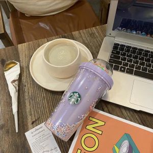 Starbucks-Becher, Tassen, süßer Regenbogen, doppelter Kunststoff mit Strohhalmen, PET-Material für Kinder, Erwachsene, Girlfirend-Geschenkprodukte