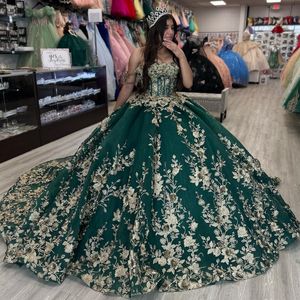 Lüks yeşil sevgilim quinceanera elbiseler omuzdan altın dantel aplike tatlı 16 elbise vestido de 15 anos balo elbisesi