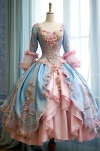 Chá comprimento lolita quinceanera vestidos 3d flores apliques mangas compridas princesa luz céu azul e rosa baile de formatura vestido de ocasião especial para mulheres meninas 2024